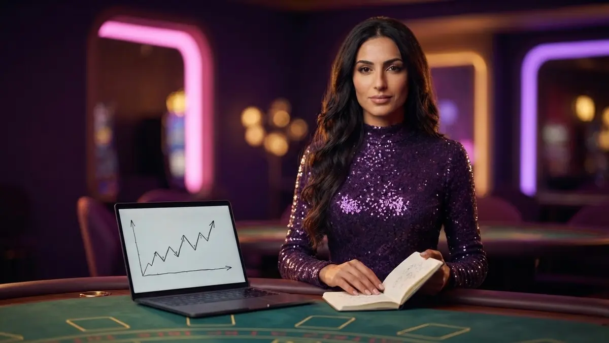 A croupier at a table in front of a laptop whose screen shows a drawn balance line chart