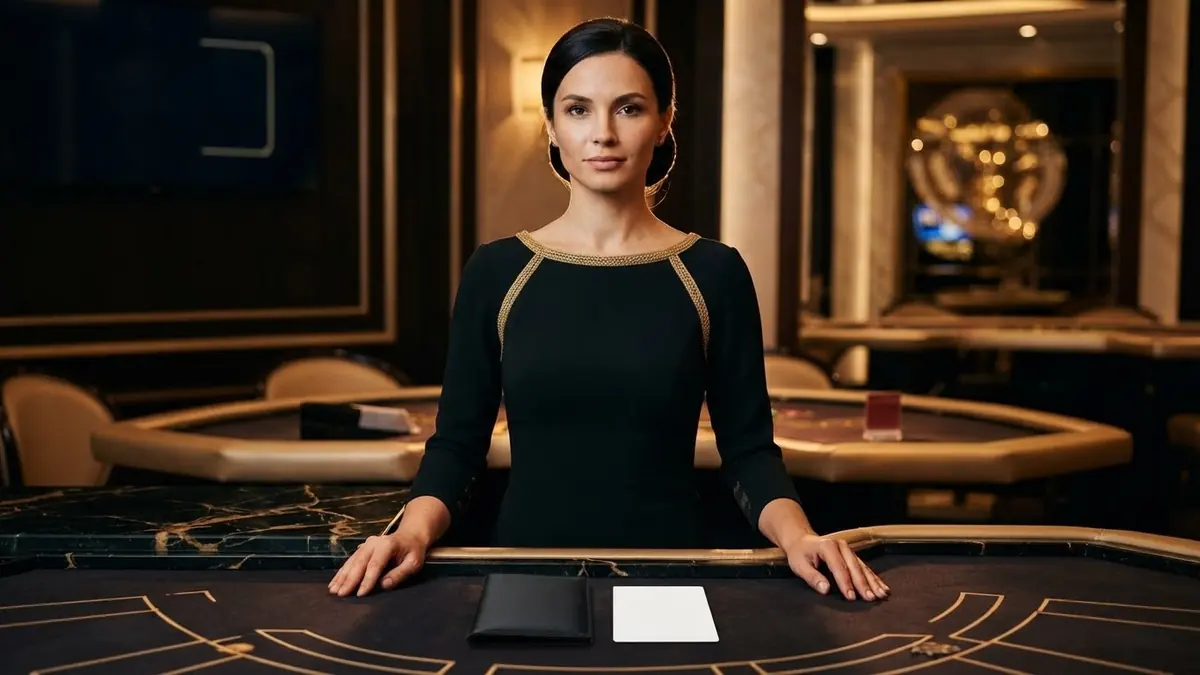 A croupier places a plain leather passport cover and a blank card on the baccarat table, warm light