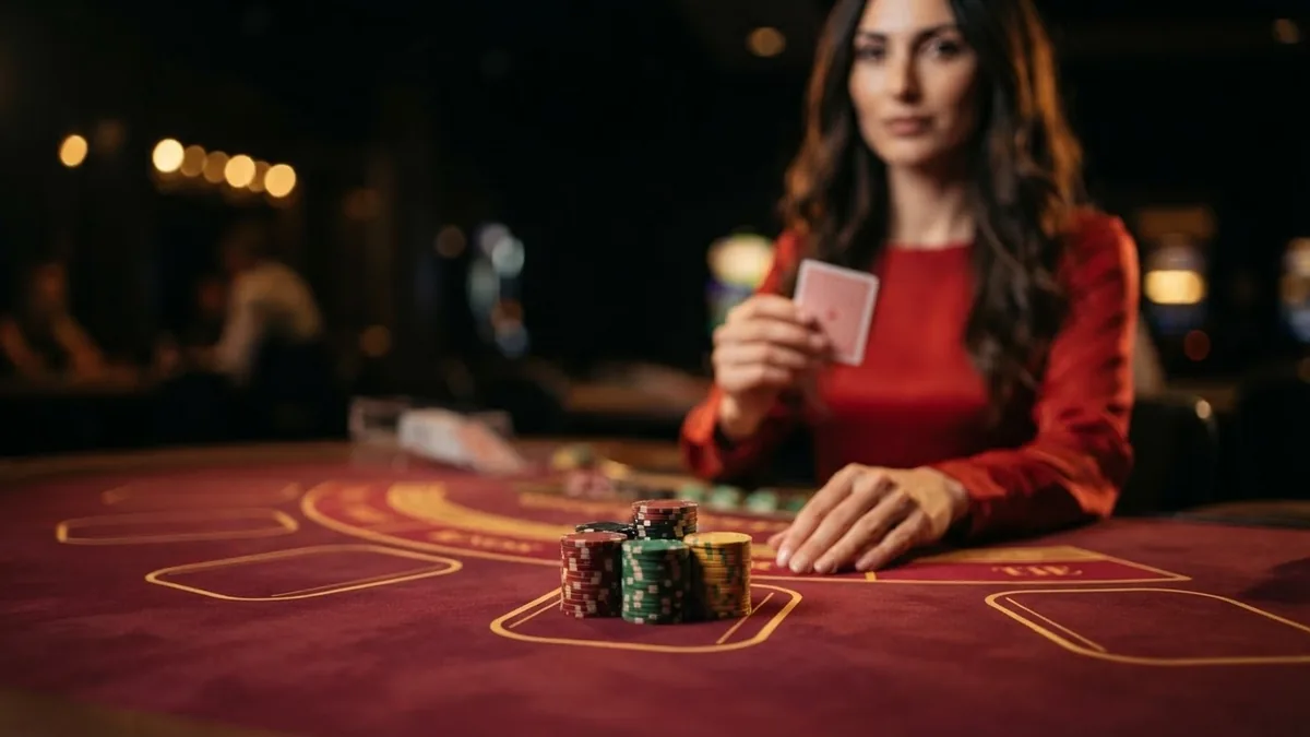 Close-up: a stack of chips on a betting area of a red-felt table, in the blurred background the croupier holds a card