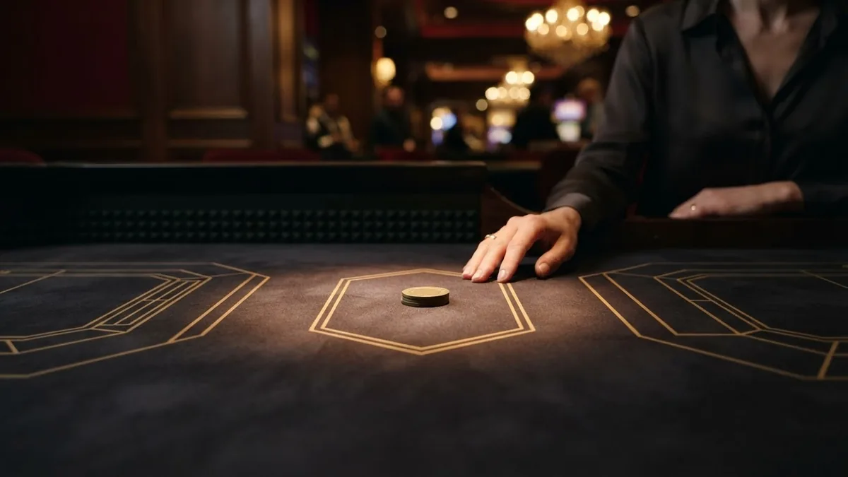 Close-up: three betting areas of a table at an angle, one gold chip on the middle area, the rest in shadow, no words
