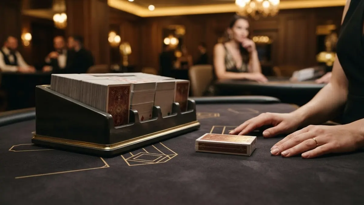 A card shoe and next to it a single deck of cards on felt, showing the difference between eight decks and one