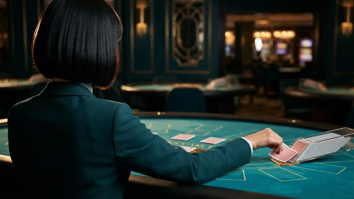 Over-the-shoulder view from behind the croupier as she draws a card from the shoe, card positions on the turquoise table