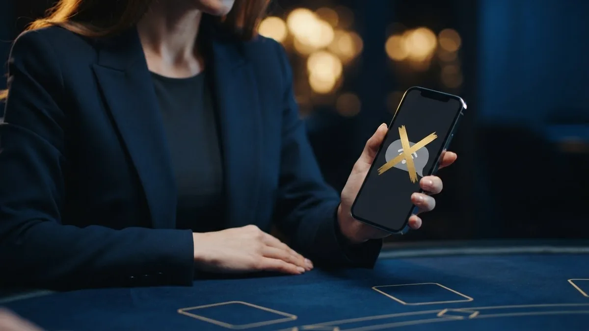 Смартфон с «сигналом» в мессенджере, перечёркнутый золотым крестом