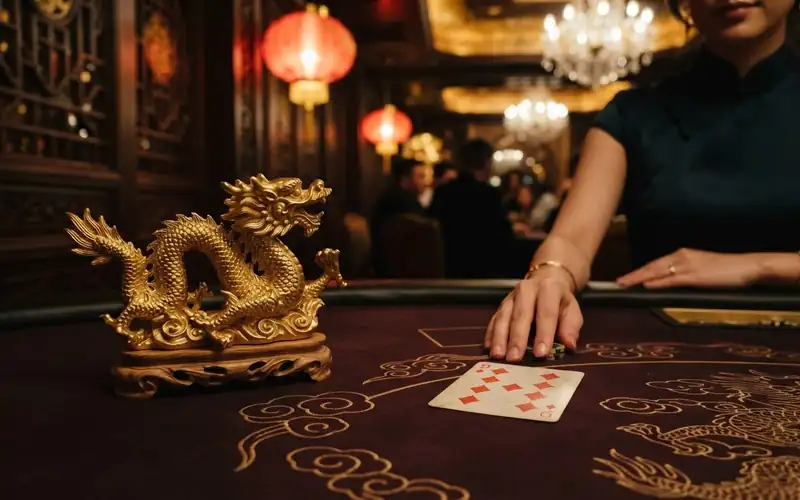 An ornamental gold dragon statuette next to a natural nine playing card on felt, burgundy background