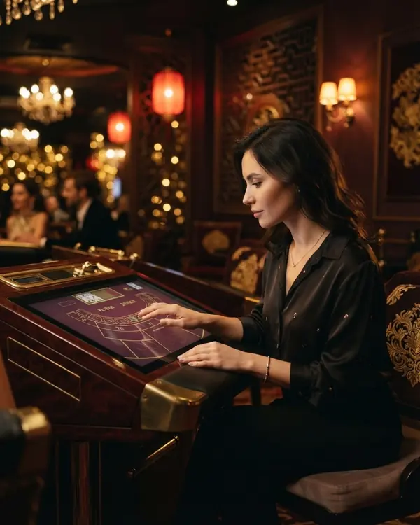 Render of an electronic casino gaming kiosk cabinet with a touchscreen showing a baccarat table, in a casino hall